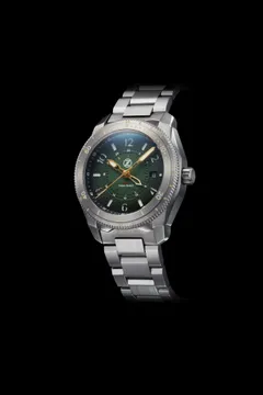 Zelos Thresher 500m GMT, green dial, lumed steel bezel, on steel bracelet