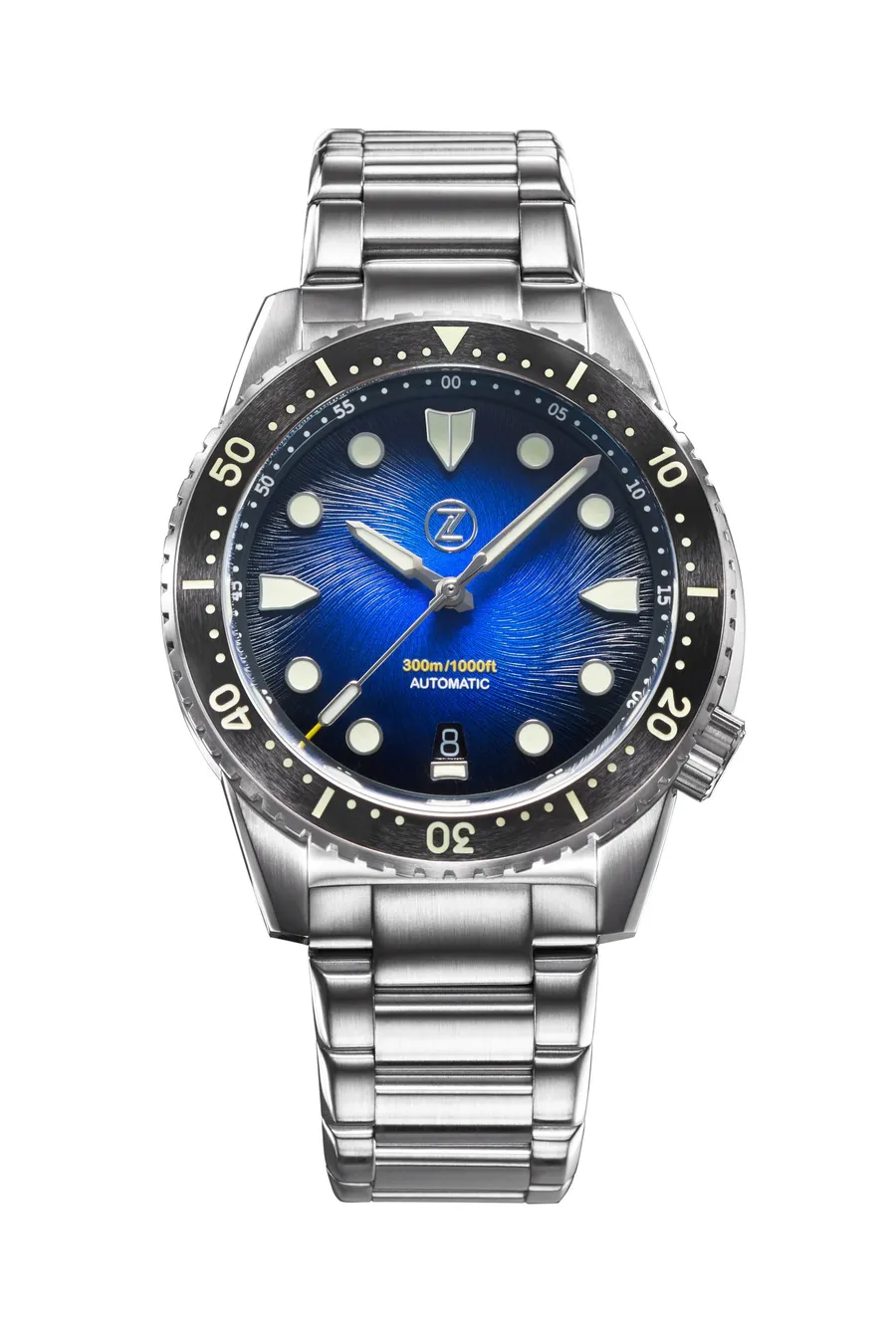Zelos Mako 300m Diver, blue fumé guilloché dial, black ceramic bezel, on steel bracelet