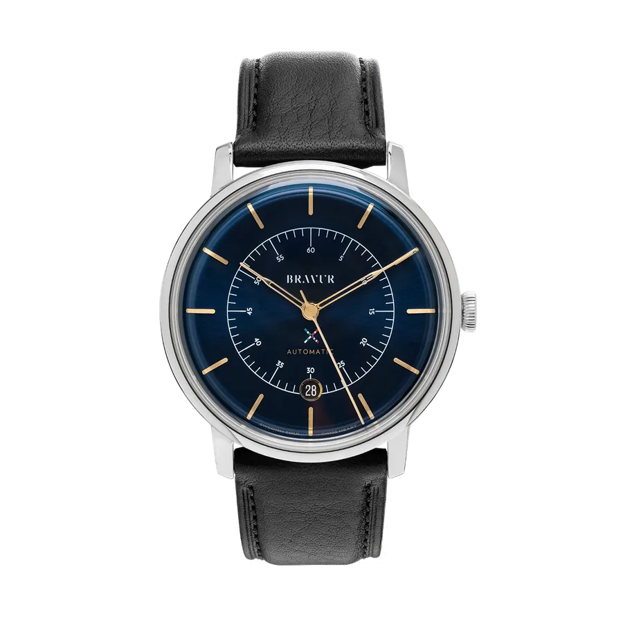 Bravur Scandinavia with sunray midnight blue dial and gold indices on a black leather strap