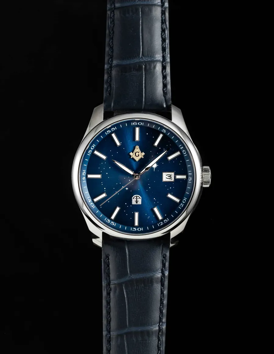 Pook Vapaamuurari with dark blue starry dial, Masonic emblem and date at 3 on a blue leather strap