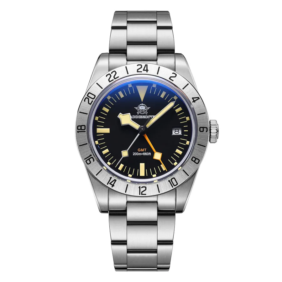 Addiesdive AD2036 with vintage black dial, cream lume and steel 24-hour bezel on a three-link bracelet