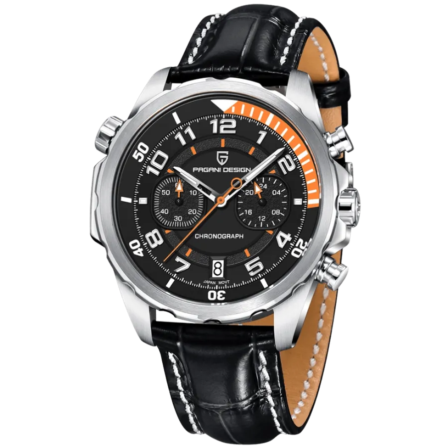 Pagani Design PD-1811 chronograph with black dial, orange-accented flange and steel bezel with 60-minute scale, on black leather strap