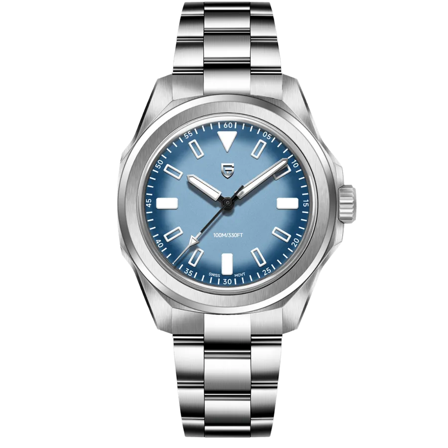 Pagani Design PD-YS038 three-hand quartz with ice blue gradient dial, faceted steel bezel and three-link bracelet