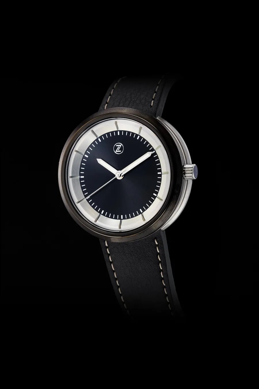 Zelos Chroma 2 Sport, steel lugless case with black PVD bezel, black sunburst dial, on black leather strap