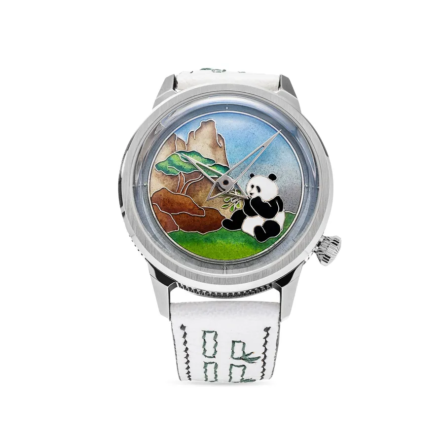Feynman Coalesce Panda, cloisonné enamel dial with a panda in a bamboo forest, on white bamboo-pattern strap
