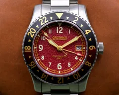 Cincinnati Watch Company Cincinnatus GMT, burgundy grained dial with date at 3, black and red aluminium 24-hour bezel, on steel bracelet