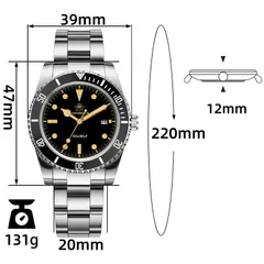 Addiesdive AD2072 dimension graphic (39mm, 47mm lug-to-lug, 12mm, 20mm, 131g)