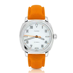 Fears Brunswick 40 Topper Edition Whiteout with white California dial and orange accents on an orange textile strap