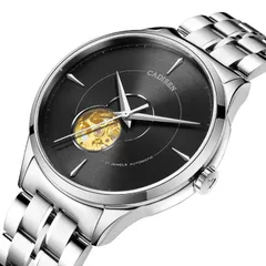 Cadisen C8158 open-heart automatic with black dial on a steel bracelet