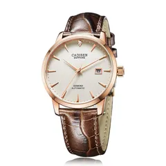 Cadisen C8097 automatic with white dial in a rose gold-tone case on a brown leather strap