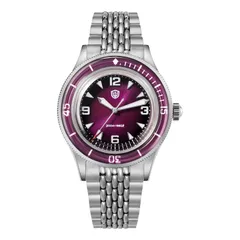 Watchdives WD50Q V2 with purple dial and purple bezel on the beads-of-rice bracelet