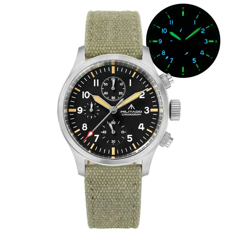 Militado ML1868-3 chronograph with black dial and broad-arrow logo on army-green canvas strap