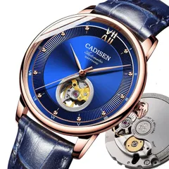 Cadisen C8140M automatic with blue open-heart dial in a rose gold-tone case on a blue leather strap
