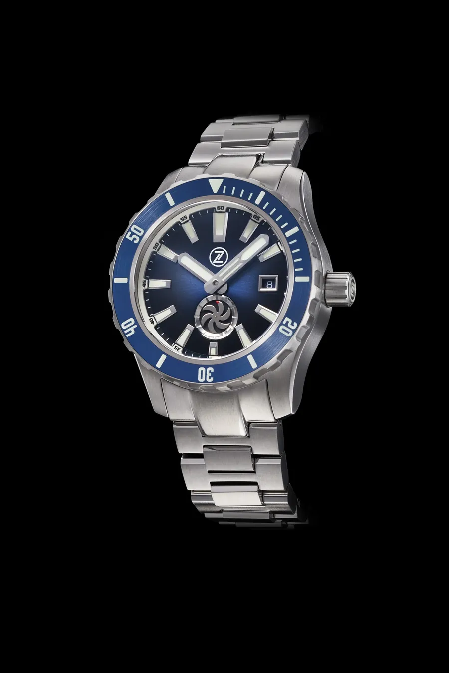 Zelos Abyss 3 3000m Steel Turbine Midnight Blue, blue sunburst dial with turbine small seconds at 6, blue ceramic bezel, single crown, on bracelet