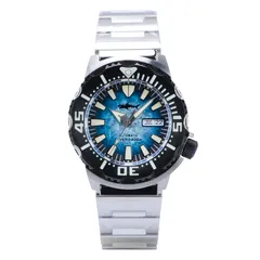 Heimdallr Sharkey Ocean Monster with frosted blue dial and black bezel on steel bracelet