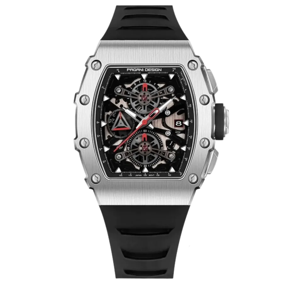 Pagani Design PD-YS011 tonneau chronograph, steel case with skeleton-look dial and red accents, on black strap