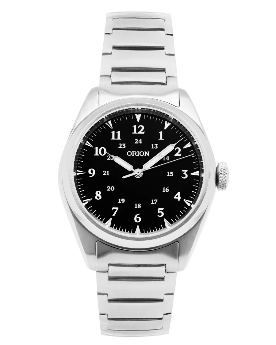 Orion Field Standard II, black dial with 12- and 24-hour numerals, on bracelet