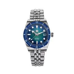 San Martin SN0148-GX 37.5mm with gradient blue dial, blue ceramic bezel and arrow hands on five-link bracelet