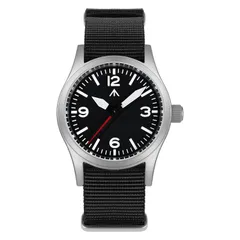 Militado ML05 (VH31) with black 3-6-9-12 dial and red seconds hand on black nylon strap