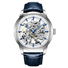 Pagani Design PD-1638 with white skeleton dial, blue indices and hands on blue leather strap