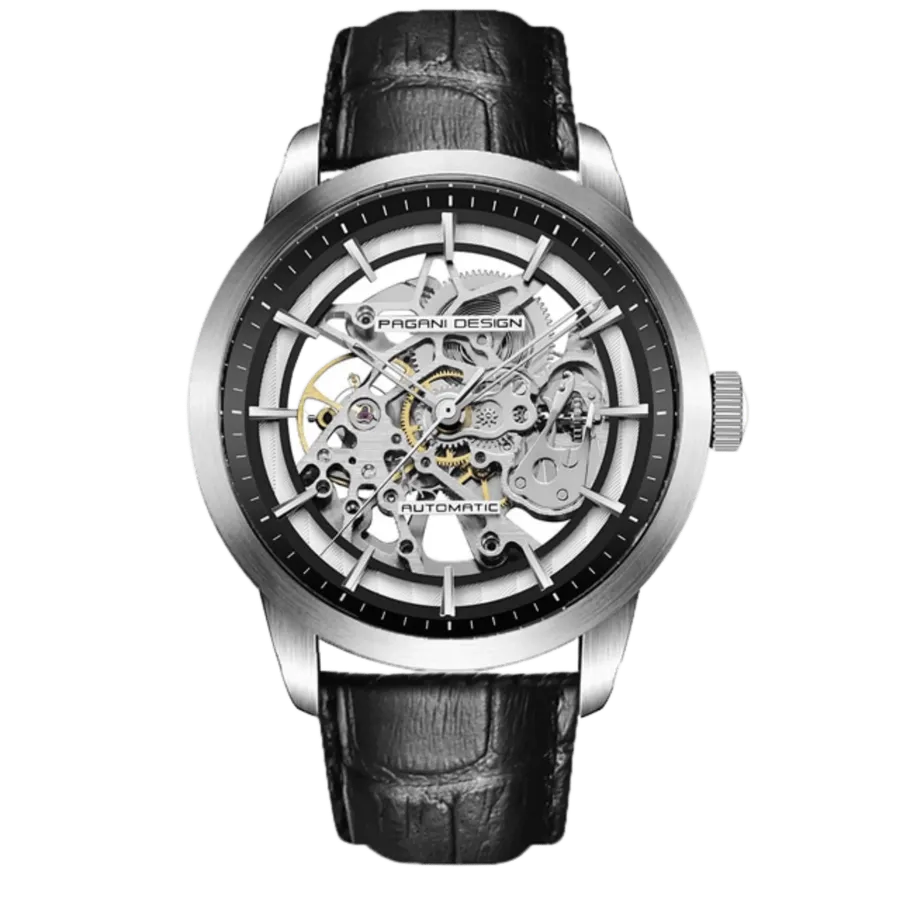Pagani Design PD-1638 skeleton automatic with steel case and black outer dial ring on black leather strap