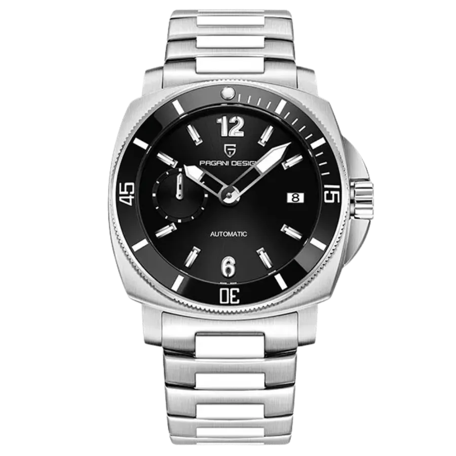 Pagani Design PD-1820 cushion-case automatic diver with black dial, small seconds at 9, date at 3 and black dive bezel, on steel bracelet