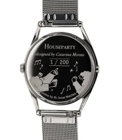 Mr Jones Houseparty caseback printed with party guests, the title, the designer's name and the edition number