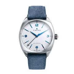 Farer 35mm Cushion Case Marsden, gloss white dial with electric blue markers, on denim suede leather strap