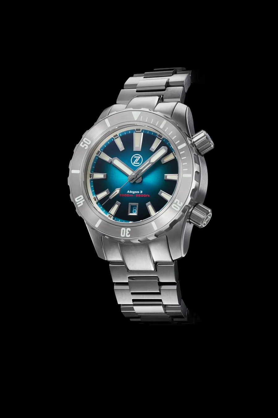 Zelos Abyss 3 3000m Steel Teal, teal fumé dial, steel bezel, twin crowns, on steel bracelet