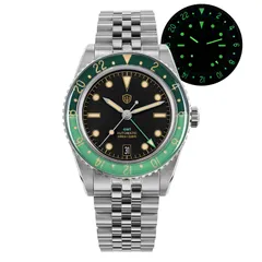 Watchdives WD6542 with black dial and green bezel on the jubilee bracelet, with lume shot