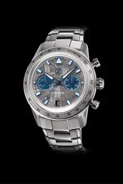 Zelos Starfighter Chronograph Meteorite, meteorite dial with blue meteorite subdials and steel tachymeter bezel, on steel bracelet