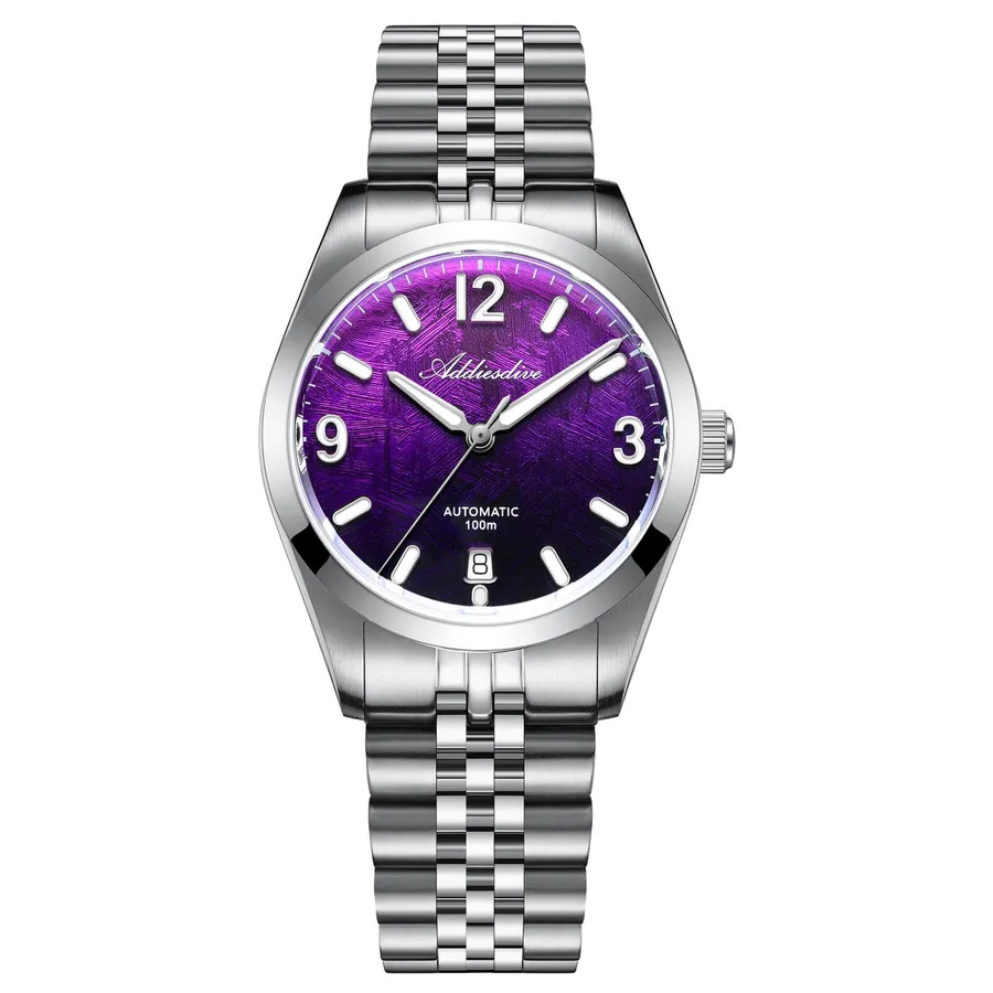 Addiesdive AD2547 with purple textured gradient dial, 12-3-9 numerals and five-link bracelet