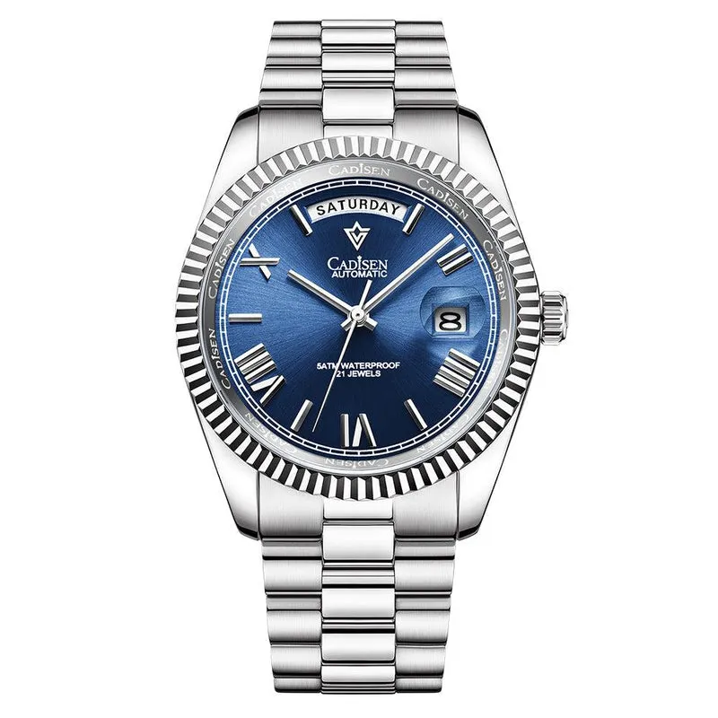 Cadisen C8185 Day-Date-style automatic with blue dial, Roman numerals, day at 12, date at 3 and fluted bezel on a president-style bracelet