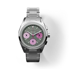 Bravur Grand Tour Sprinter with muted green dial and purple sub-dials on the integrated steel bracelet
