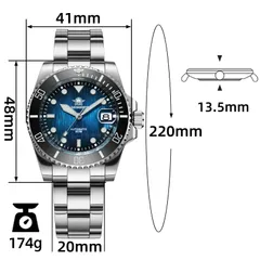 Addiesdive AD2078/AD2536 dimension graphic (41mm, 48mm lug-to-lug, 13.5mm, 20mm, 220mm, 174g)