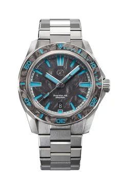 Zelos Swordfish 42mm Ti, forged carbon dial and bezel with blue lume