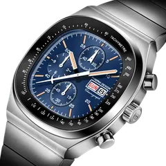 Pagani Design PD-1819 blue dial close-up, 60-minute counter at 12, 12-hour counter at 9, small seconds at 6 and day-date at 3