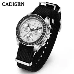 Cadisen C7064 chronograph with white dial and black tachymeter bezel on a black nylon strap