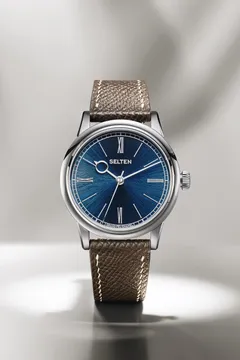 Selten Grand Feu Enamel Flare Sunbird Blue, blue enamel dial, on brown leather strap