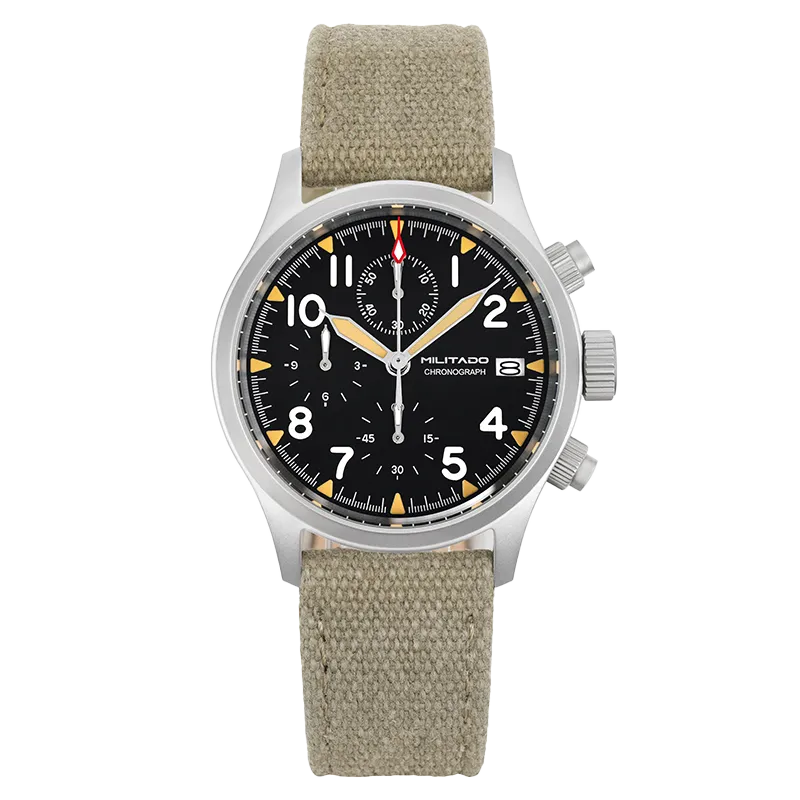 Militado ML1868-2 Date chronograph with black dial, cream hands and date window on army-green canvas strap