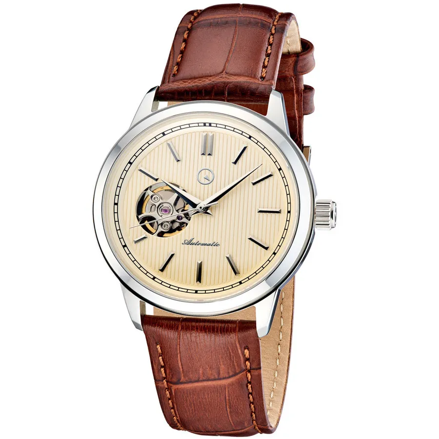 Islander Automatic Open-Heart Watch ISL-97 with almond cream pinstripe dial and open heart at 9 on brown leather strap
