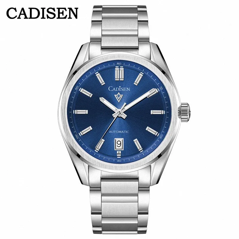 Cadisen C8227 automatic with blue sunburst dial, applied markers and date at 6 on a steel bracelet