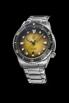 Zelos Great White V2 300m, yellow fumé dial, black ceramic bezel, on steel bracelet