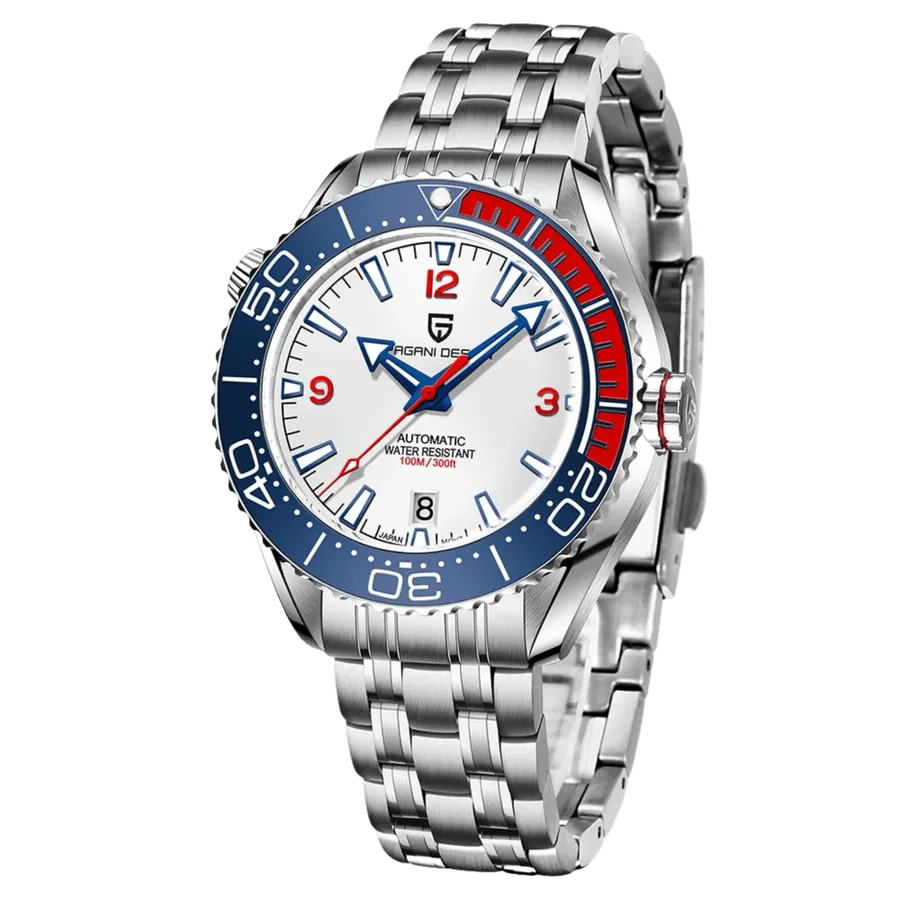 Pagani Design PD-1679 with white dial and blue and red dive bezel on steel bracelet