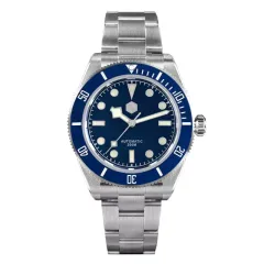 San Martin SN008-G-B with matte blue dial and blue bezel on bracelet