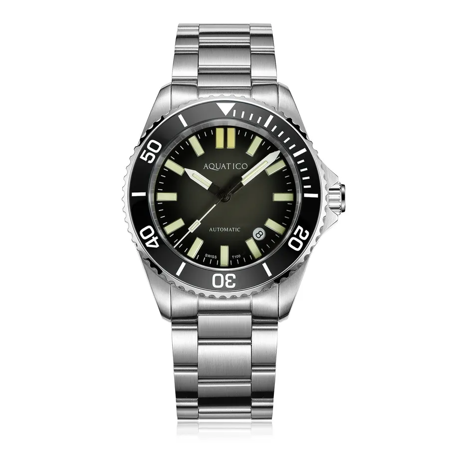 Aquatico Ocean Diver Tritium with black dial, black bezel and date, on the steel bracelet