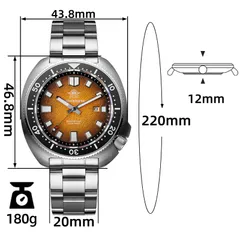 Addiesdive AD2511 dimension graphic (43.8mm, 46.8mm lug-to-lug, 12mm, 20mm, 220mm, 180g)