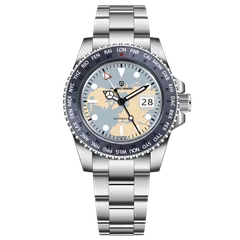 Pagani Design PD-1758 GMT with light blue world-map dial and blue bezel on steel Oyster-style bracelet