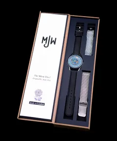 Mr Jones The Silent Thief in its box with the black leather strap fitted and the spare steel mesh strap