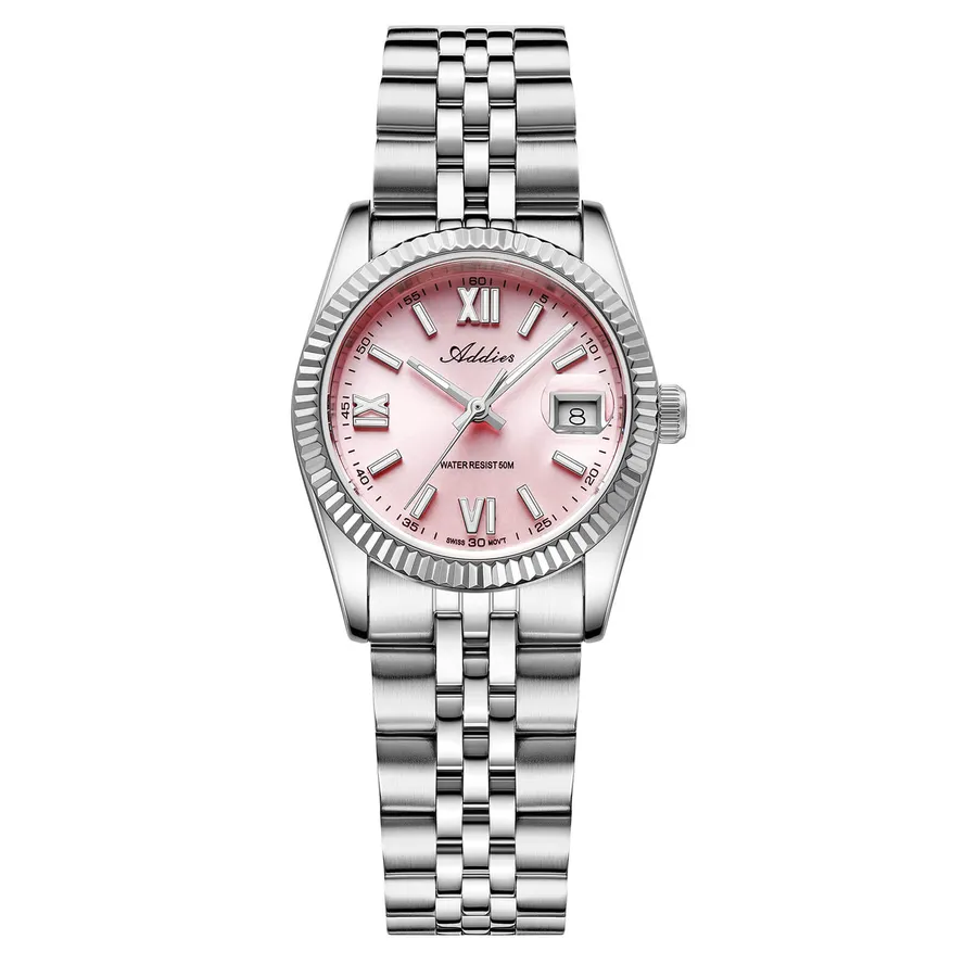 Addies AW25901 in steel with pink dial, Roman numerals, fluted bezel, date at 3 and jubilee bracelet